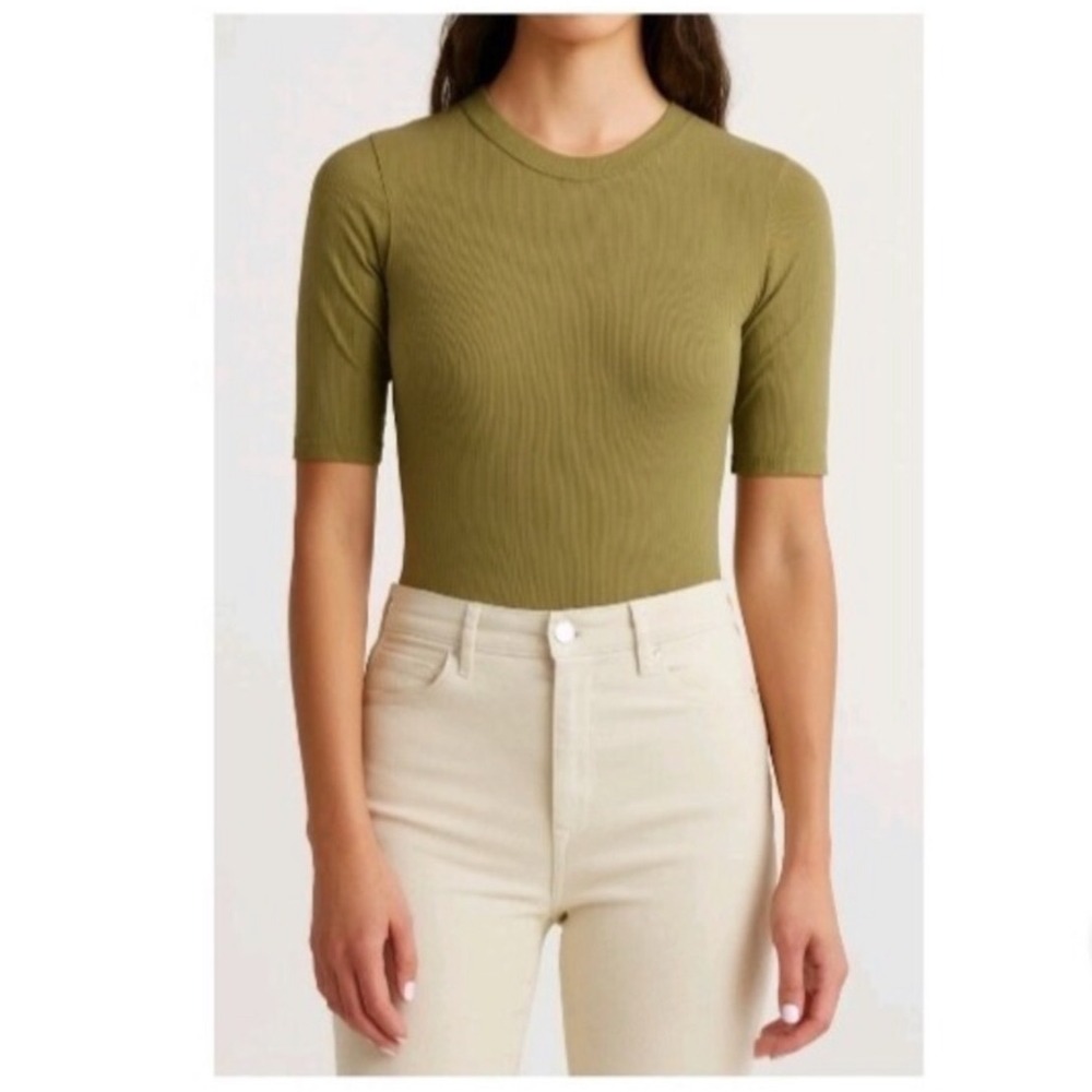 Spanx Suit Yourself Ribbed Short Sleeve Bodysuit Olive Green Large Crew Neck